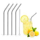 RKPM Stainless Steel Straws, Reusable Drinking Straws Eco-Friendly Straight and Bend Straws for 250-800 ML Tumblers Cups Mugs Cold Beverage with FDA Grade (4 Bend Straw with Cleaning Brush Silver)