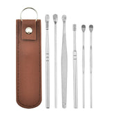 RKPM HOMES 6 Pcs Innovative Spring Earwax Cleansing Tool Set | Portable Ear Wax Removal Set | Stainless Steel Spoon Ear Picks | Cleaning Kit for Home and Travel with PU Leather Case (Brown)