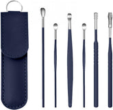 RKPM HOMES Innovative Spring Earwax Cleansing Tool Set | Portable Ear Wax Removal Set | Spoon Ear Picks | 6 Pcs Cleaning Kit for Home and Travel with Leather Storage Bag (Blue)