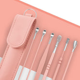 RKPM HOMES Innovative Spring Earwax Cleansing Tool Set | Portable Ear Wax Removal Set | Spoon Ear Picks | 6 Pcs Cleaning Kit for Home and Travel with Leather Storage Bag (Peach)
