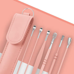RKPM HOMES Innovative Spring Earwax Cleansing Tool Set | Portable Ear Wax Removal Set | Spoon Ear Picks | 6 Pcs Cleaning Kit for Home and Travel with Leather Storage Bag (Peach)
