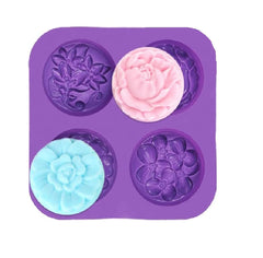 RKPM HOMES Flower Soap Silicone Mold - 4 Cavity Round Handmade Cold Process Soap Mold for Candle Making, Cake Baking (4 Cavity Different Flower)
