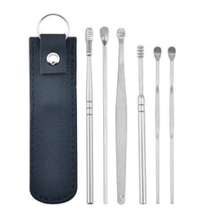 RKPM HOMES 6 Pcs Innovative Spring Earwax Cleansing Tool Set | Portable Ear Wax Removal Set | Stainless Steel Spoon Ear Picks | Cleaning Kit for Home and Travel with PU Leather Case (Blue)