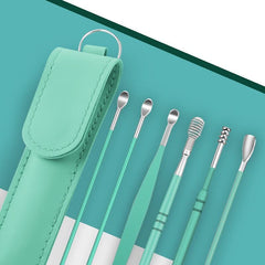 RKPM HOMES Innovative Spring Earwax Cleansing Tool Set | Portable Ear Wax Removal Set | Spoon Ear Picks | 6 Pcs Cleaning Kit for Home and Travel with Leather Storage Bag (Green)