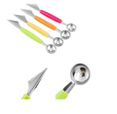 RKPM 2 in 1 Melon Baller, Stainless Steel Multifunctional Dig Scoop with Fruit Carving Knife, for DIY Fruit Salads and Desserts, Cake,Ice Cream Scooper (Color :- Green, Orange,Yellow,Red) 4Pcs