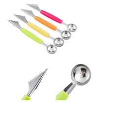 RKPM 2 in 1 Melon Baller, Stainless Steel Multifunctional Dig Scoop with Fruit Carving Knife, for DIY Fruit Salads and Desserts, Cake,Ice Cream Scooper (Color :- Green, Orange,Yellow,Red) 4Pcs