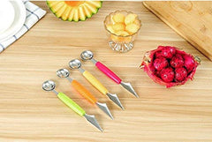 RKPM 2 in 1 Melon Baller, Stainless Steel Multifunctional Dig Scoop with Fruit Carving Knife, for DIY Fruit Salads and Desserts, Cake,Ice Cream Scooper (Color :- Green, Orange,Yellow,Red) 4Pcs