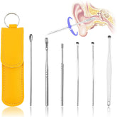 RKPM HOMES 6 Pcs Innovative Spring Earwax Cleansing Tool Set | Portable Ear Wax Removal Set | Stainless Steel Spoon Ear Picks | Cleaning Kit for Home and Travel with PU Leather Case (Yellow)