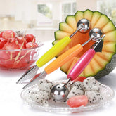 RKPM 2 in 1 Melon Baller, Stainless Steel Multifunctional Dig Scoop with Fruit Carving Knife, for DIY Fruit Salads and Desserts, Cake,Ice Cream Scooper (Color :- Green, Orange,Yellow,Red) 2Pcs