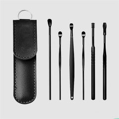 RKPM HOMES Innovative Spring Earwax Cleansing Tool Set | Portable Ear Wax Removal Set | Spoon Ear Picks | 6 Pcs Cleaning Kit for Home and Travel with Leather Storage Bag (Black)