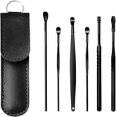RKPM HOMES Innovative Spring Earwax Cleansing Tool Set | Portable Ear Wax Removal Set | Spoon Ear Picks | 6 Pcs Cleaning Kit for Home and Travel with Leather Storage Bag (Black)
