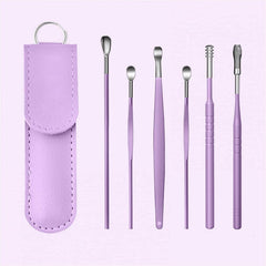 RKPM HOMES Innovative Spring Earwax Cleansing Tool Set | Portable Ear Wax Removal Set | Spoon Ear Picks | 6 Pcs Cleaning Kit for Home and Travel with Leather Storage Bag (Purple)