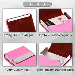 Business Card Holder Case - PU Leather Business Card Case Name Card Holder Slim Metal Pocket Card Holder with Magnetic Shut - Pink