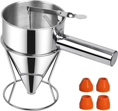 RKPM HOMES Pancake Batter Dispenser with Handle, Rack & Silicone Mouths I Stainless Steel Octopus Ball Funnel I Heavy Duty Baking Tool I Maker for Cupcakes, Crepes, Muffin, Waffles, Chocolate balls