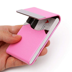 Business Card Holder Case - PU Leather Business Card Case Name Card Holder Slim Metal Pocket Card Holder with Magnetic Shut - Pink