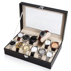 RKPM HOMES Velvet Fabric Glass Faux Leather Watch Organizer Storage Box, Wrist Watch Storage Display Box (12 Cavity) (Watch are Not Include)