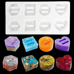 RKPM HOMES Resin Mold I Love Heart Round Hexagonal Square Shape 3D Silicone Ring Holder Tray I Crystal Casting Mould for Handmade Ring Display Storage Rack Art Crafts Home Party Decorations - 8 Cavity