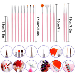 RKPM HOMES UV Gel Acrylic Nail Painting Brushes/Drawing Pen/Nail Art Design Painting Tool Pen Polish Nail Brush Set Of - 15 Pieces - Pink
