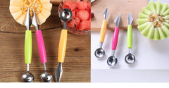 RKPM 2 in 1 Melon Baller, Stainless Steel Multifunctional Dig Scoop with Fruit Carving Knife, for DIY Fruit Salads and Desserts, Cake,Ice Cream Scooper (Color :- Green, Orange,Yellow,Red) 4Pcs