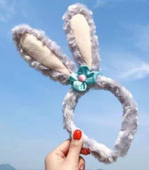 RKPM HOMES Hair Band | Big Bow Furry Rabbit Long Ears Bunny Headband | Handmade Cosplay Cute Headwear | for Washing Face, Beauty Spa Facial | Hair Accessories for Women Girls Adult Kids (Grey)