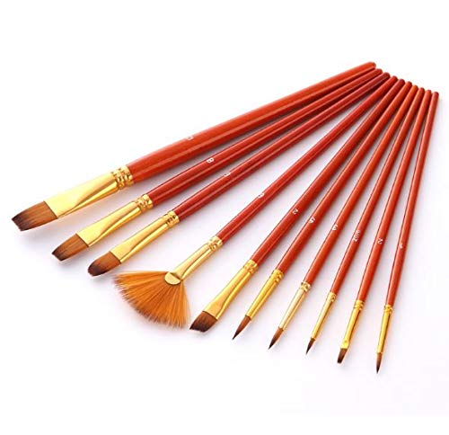 RKPM HOMES Painting Brush Set of 10 Nylon Bristles Wood Handles 10 Brushes Kit, Easy to Blend Colors, Perfect for Kids, Adults and Beginner Artists by Smart Color Art (Red)