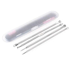 RKPM 4 Pcs/Set Stainless Steel Pimple Blemish Comedone Acne Extractor Blemish Removal Tool With Portable Box Easy to Carry (Silver)