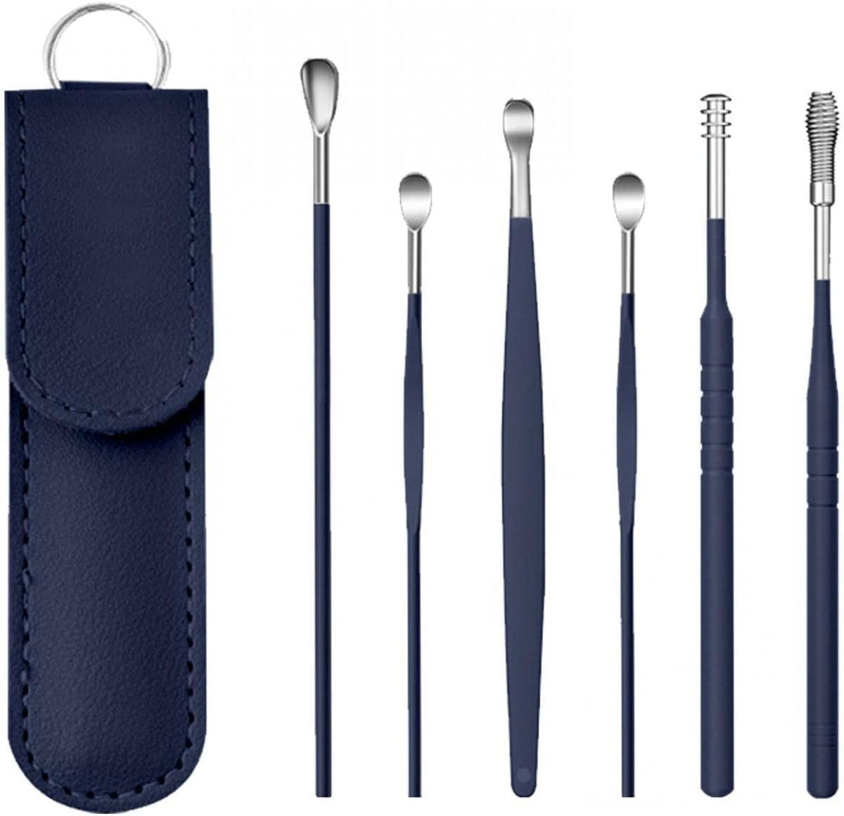 RKPM HOMES Innovative Spring Earwax Cleansing Tool Set | Portable Ear Wax Removal Set | Spoon Ear Picks | 6 Pcs Cleaning Kit for Home and Travel with Leather Storage Bag (Blue)