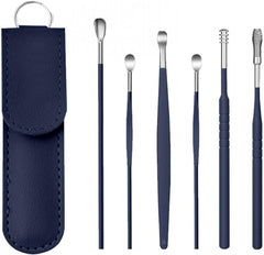 RKPM HOMES Innovative Spring Earwax Cleansing Tool Set | Portable Ear Wax Removal Set | Spoon Ear Picks | 6 Pcs Cleaning Kit for Home and Travel with Leather Storage Bag (Blue)
