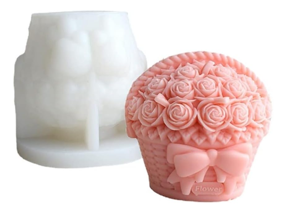 RKPM HOMES Candle Mold I 3D Fondant Rose Basket with Bow Shape Casting Silicone Epoxy Mould I Special for Valentine's Day I for DIY Handmade Ornament Aromatherapy Soap Resin Art Craft Home Party Décor