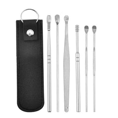 RKPM HOMES 6 Pcs Innovative Spring Earwax Cleansing Tool Set | Portable Ear Wax Removal Set | Stainless Steel Spoon Ear Picks | Cleaning Kit for Home and Travel with PU Leather Case