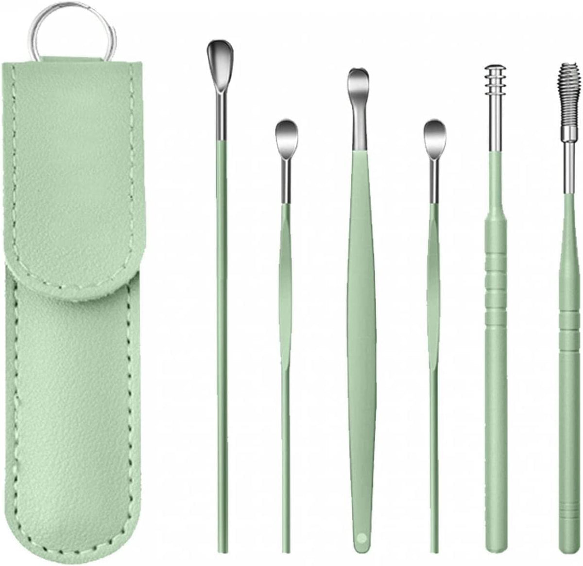 RKPM HOMES Innovative Spring Earwax Cleansing Tool Set | Portable Ear Wax Removal Set | Spoon Ear Picks | 6 Pcs Cleaning Kit for Home and Travel with Leather Storage Bag (Green)
