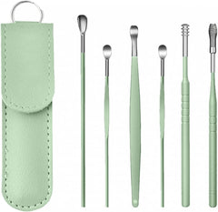 RKPM HOMES Innovative Spring Earwax Cleansing Tool Set | Portable Ear Wax Removal Set | Spoon Ear Picks | 6 Pcs Cleaning Kit for Home and Travel with Leather Storage Bag (Green)