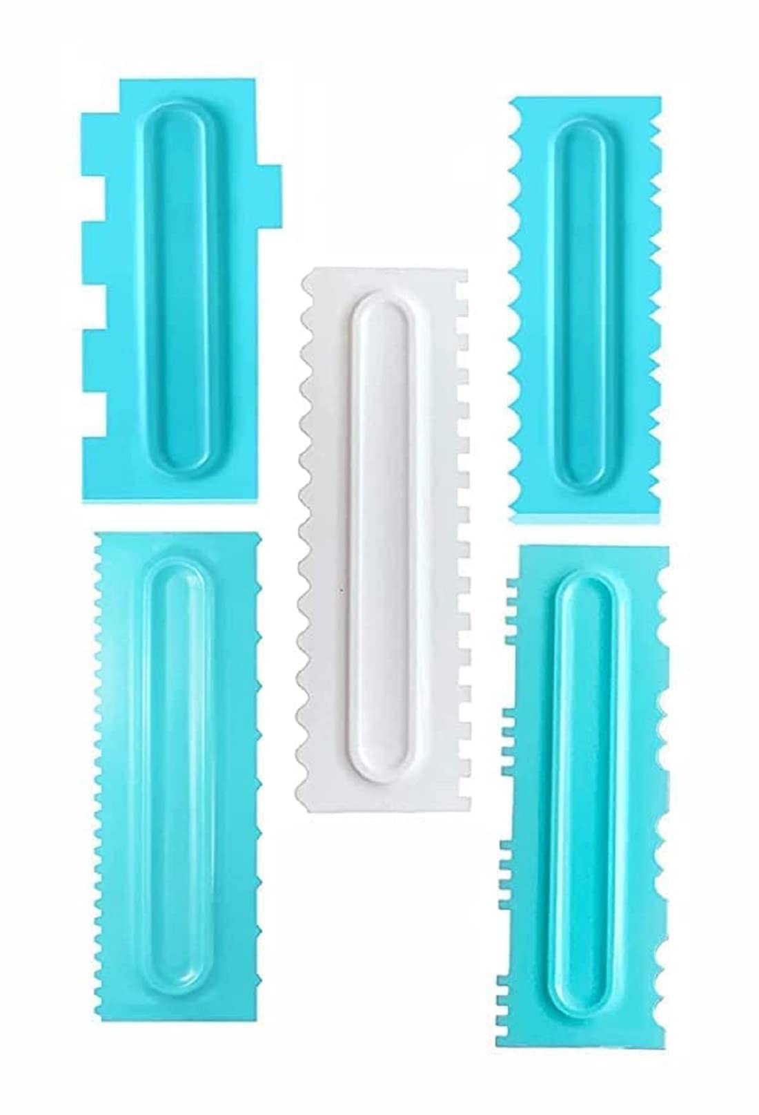 RKPM HOMES Plastic Saw Tooth Cake Scraper Set, Decorating Comb & Icing Smoother Tool Scraper, DIY Icing Decorating Spatula Decorating Mousse Butter Cream (Blue Scraper 5 Pcs)