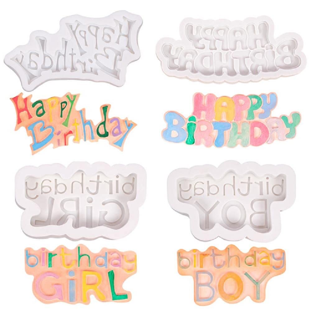 RKPM HOMES Happy Birthday Boy Girl Cake Mold | Silicone Fondant 3D Mold | Baking Tools for Cake Chocolate Candy Ice Jelly Soap Pudding | Cake Baking Moulds | Bakeware Molds | Multicolor – Pack of 4
