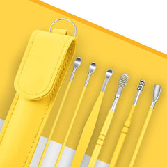 RKPM HOMES 6 Pcs Innovative Spring Earwax Cleansing Tool Set | Portable Ear Wax Removal Set | Stainless Steel Spoon Ear Picks | Cleaning Kit for Home and Travel with PU Leather Case (Yellow)