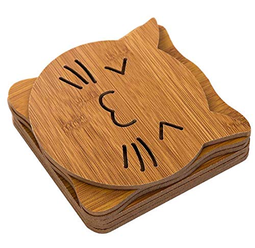 RKPM Hollow Wooden Coasters Kitchen Cutlery Thick Anti-Scalding Insulation Mat Placemats Non-Slip Pot Dish Mat 4 Pcs Kitten