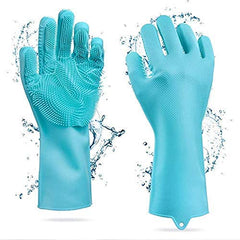 RKPM HOMES Washing Gloves, Reusable Silicone Dishwashing Gloves with Scrubbers for Kitchen, Bathroom Cleaning, Pet Hair Care, Car Washing And More 1 Pair, 2 Gloves, Blue
