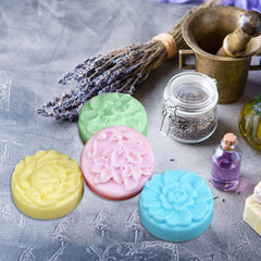 RKPM HOMES Flower Soap Silicone Mold - 4 Cavity Round Handmade Cold Process Soap Mold for Candle Making, Cake Baking (4 Cavity Different Flower)