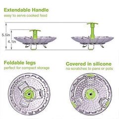 RKPM Stainless Steel Folding Steamer Basket for Vegetable Fish Seafood Cooking, Expandable to Fit Various Size Pot (5.1-9 Inch, Silver)