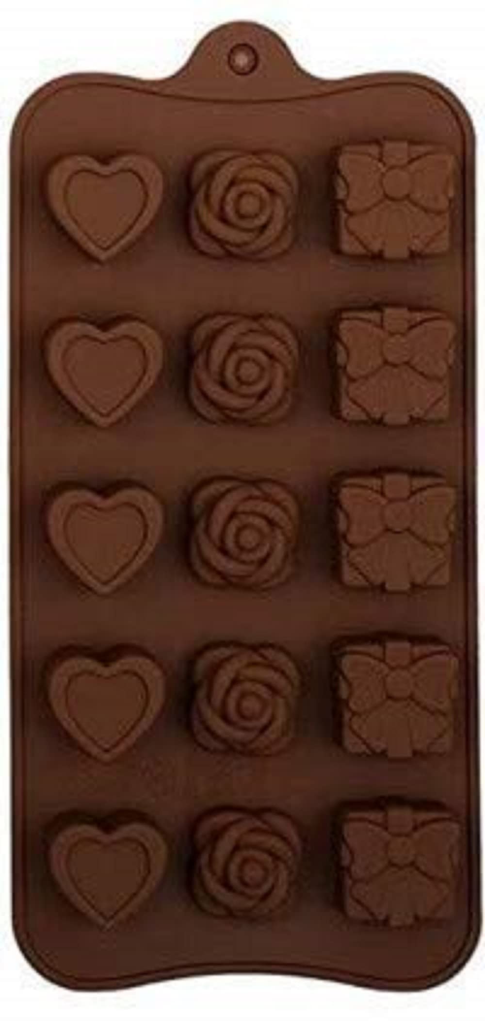 RKPM HOMES Multi-Design Chocolate Mould | Heart, Rose, and Gift Shape Silicone Candy Mold | Baking Tools for Cake Chocolate Candy Ice Jelly | Cake Baking Moulds | Bakeware Molds | Brown – 15 Cavity