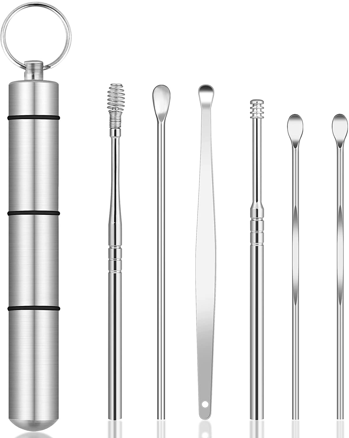RKPM HOMES 6 Pcs Ear Cleansing Tool Set with Keychain Box | Earwax Removal Kit | Stainless Steel Ear Curette and Spring Ear Buds Cleaner with a Cleaning Brush and Storage Box | Medical Grade
