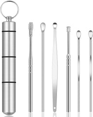 RKPM HOMES 6 Pcs Ear Cleansing Tool Set with Keychain Box | Earwax Removal Kit | Stainless Steel Ear Curette and Spring Ear Buds Cleaner with a Cleaning Brush and Storage Box | Medical Grade