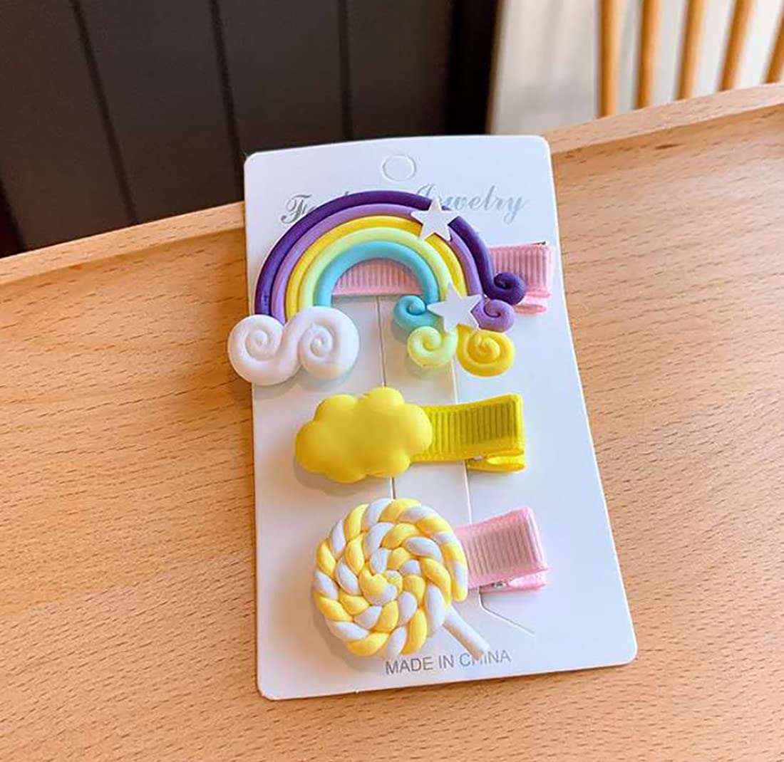 RKPM HOMES 3PCs Baby Girl Cloud Lollipop Rainbow Hair Clips Set For Girls Toddler Kids Princess Hair Pins Clips Barrettes Hair Accessories (Yellow)
