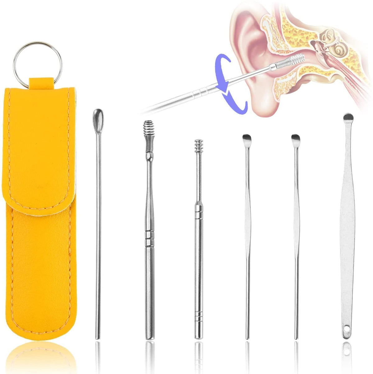 RKPM HOMES 6 Pcs Innovative Spring Earwax Cleansing Tool Set | Portable Ear Wax Removal Set | Stainless Steel Spoon Ear Picks | Cleaning Kit for Home and Travel with PU Leather Case (Yellow)