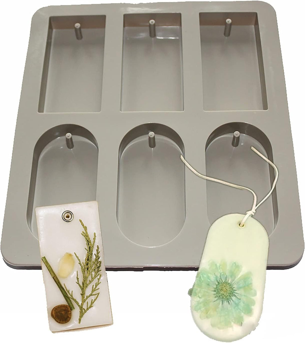 RKPM HOMES Aromatherapy Wax Mold I Silicone Fondant Mould with Hanging Hole I Dried Flowers Resin Soap Clay Craft Jewelry Making Molds DIY Pendant Bookmark Necklace I Grey - 6 Cavity (2 Different)