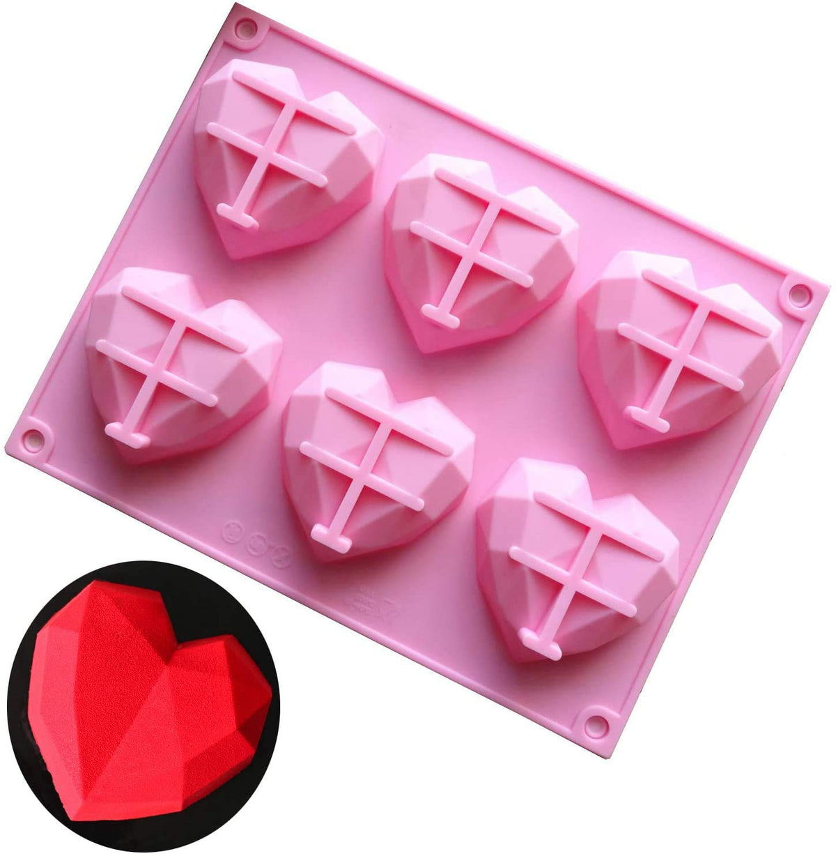 RKPM HOMES Diamond Heart Silicone Mold for Chocolate, 6 Cavities Non-Stick Easy Release Heart Shaped Silicone Mold Tray for Ice Cream, Mousse Cake Baking, Desserts, Candy (6 Cavity Diamond)