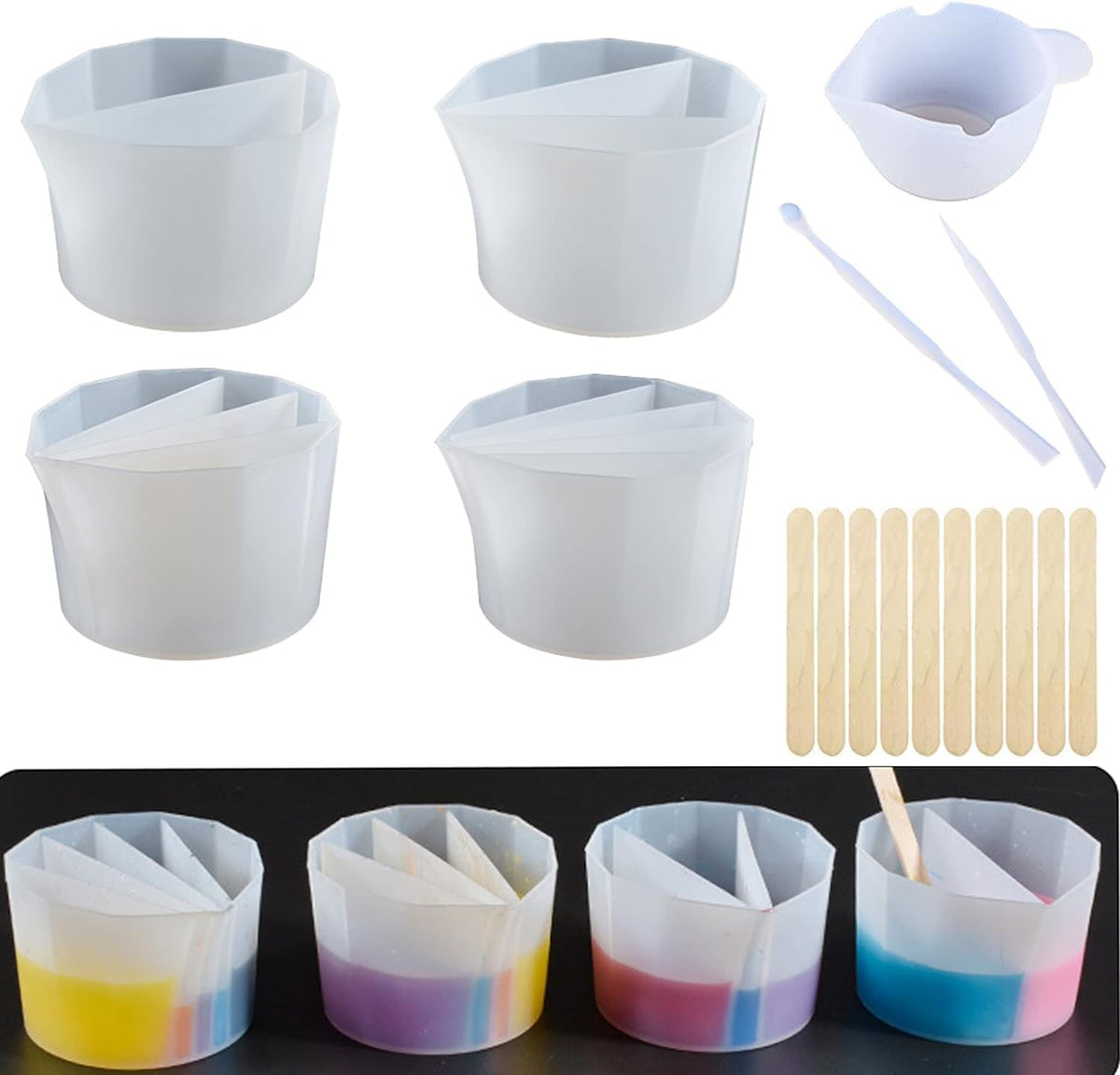 RKPM HOMES 4 Split Cup with 10 wooden sticks, 1 Cup, and 2 Stirring Stick I 2-5 Channels Dividers I for Multicolor DIY Pours with Resin, Paint, Art Crafts Fluid Epoxy Oil Painting Making – Pack of 17