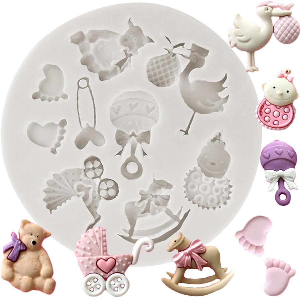 RKPM HOMES Baby Shower Theme Fondant Mold I 3D Newborn Baby Accessories Mini Round Silicone Mould I for DIY Handmade Chocolate Cake Décor Polymer Clay Candy Cookies Cupcake Gummy Resin Art Craft (059)