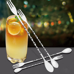 RKPM HOMES 2 in 1 Stainless Steel Mixing Spoon Fork I Spiral Pattern Twisted Double-Head Long Handle Bar Stirring Spoons I for Coffee Mixer Wand Cocktail Mixing Home Shop Kitchen - Silver (32cm)