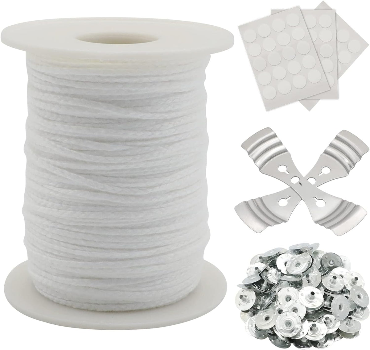 RKPM HOMES Candle Making Combo - 61 Ft Cotton Braided Threads, 2 Pcs Metal Wick Holders, 45-50 Pcs Sustainer Tabs, With 60 Pcs Wick Stickers I for Homemade DIY Candle Decorating Art Crafts Accessories